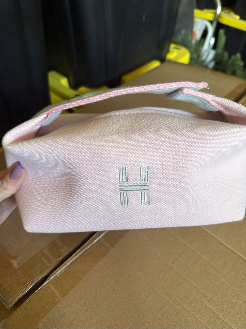 Soft Pink Canvas Cosmetic Pouch with Embroidered H